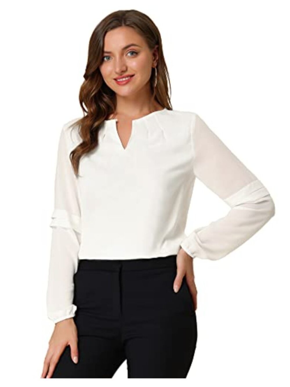 Women's Long Sleeve Blouse Keyhole Neck Chiffon Patchwork Work Top
